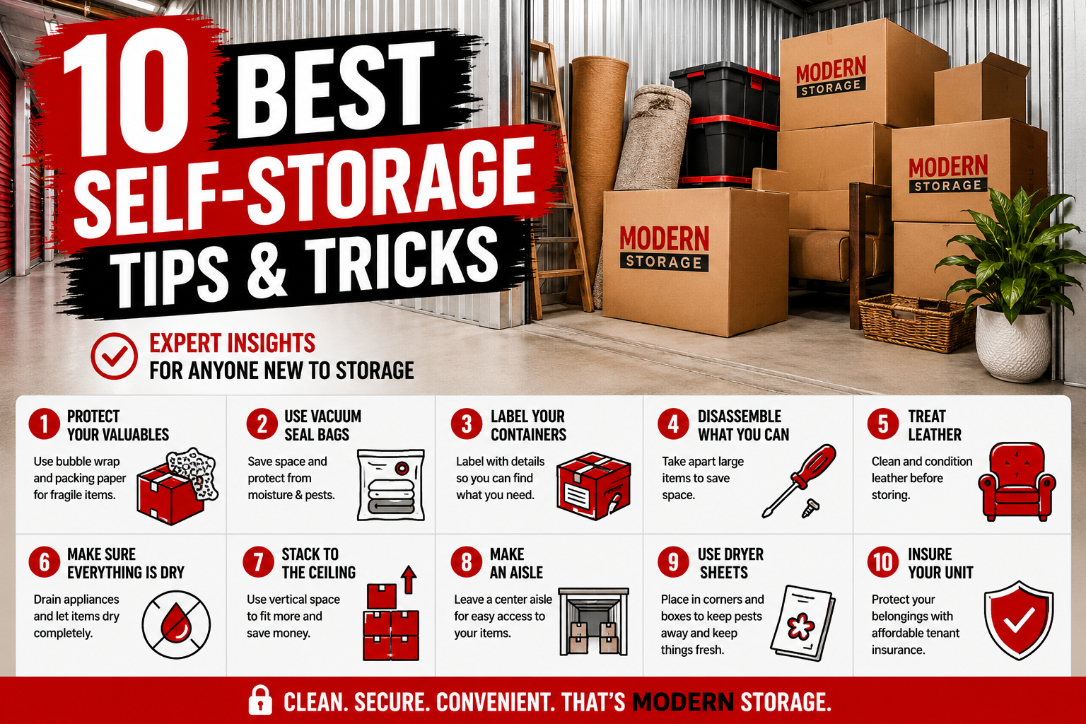 Organized self-storage unit with expert packing tips for protecting belongings and maximizing storage space.