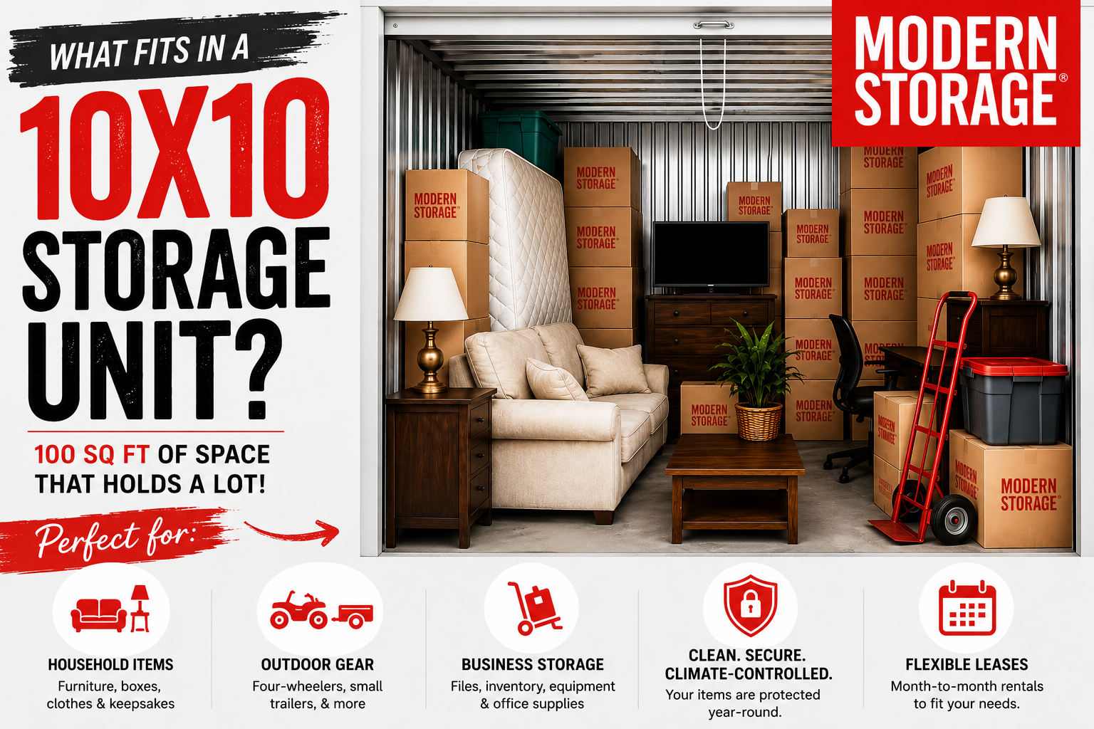 Fully packed 10x10 Modern Storage unit showing furniture, moving boxes, and household items from a one-bedroom home.