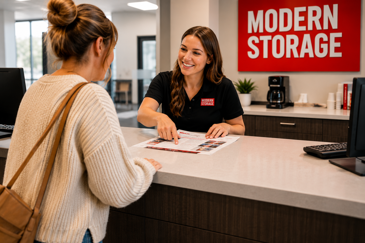 Friendly Modern Storage team member helping a customer choose the right self-storage unit at the rental counter.