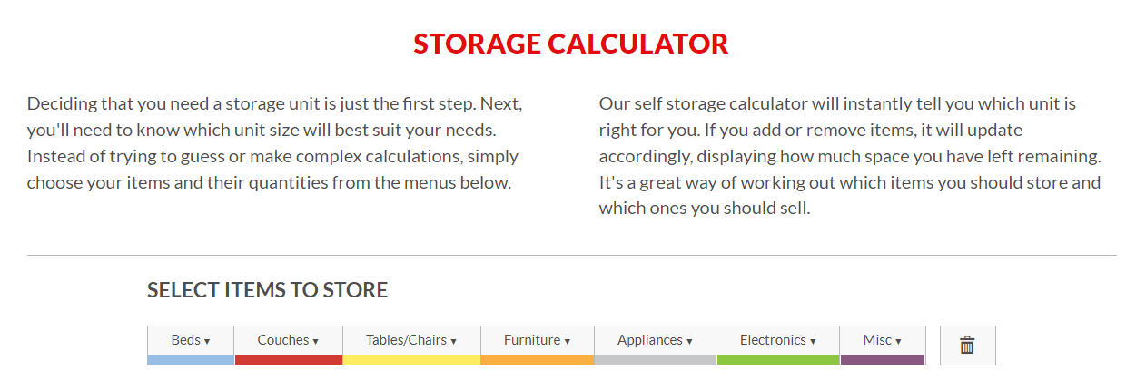 Screenshot of the Modern Storage online storage calculator tool