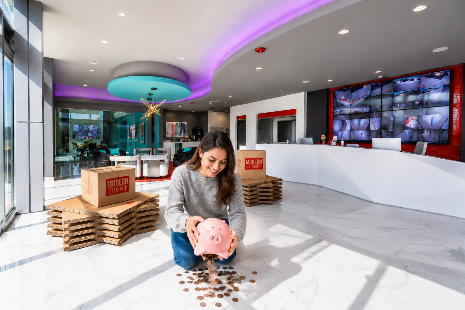 Customer counting coins from a piggy bank inside Modern Storage while planning an affordable storage solution.