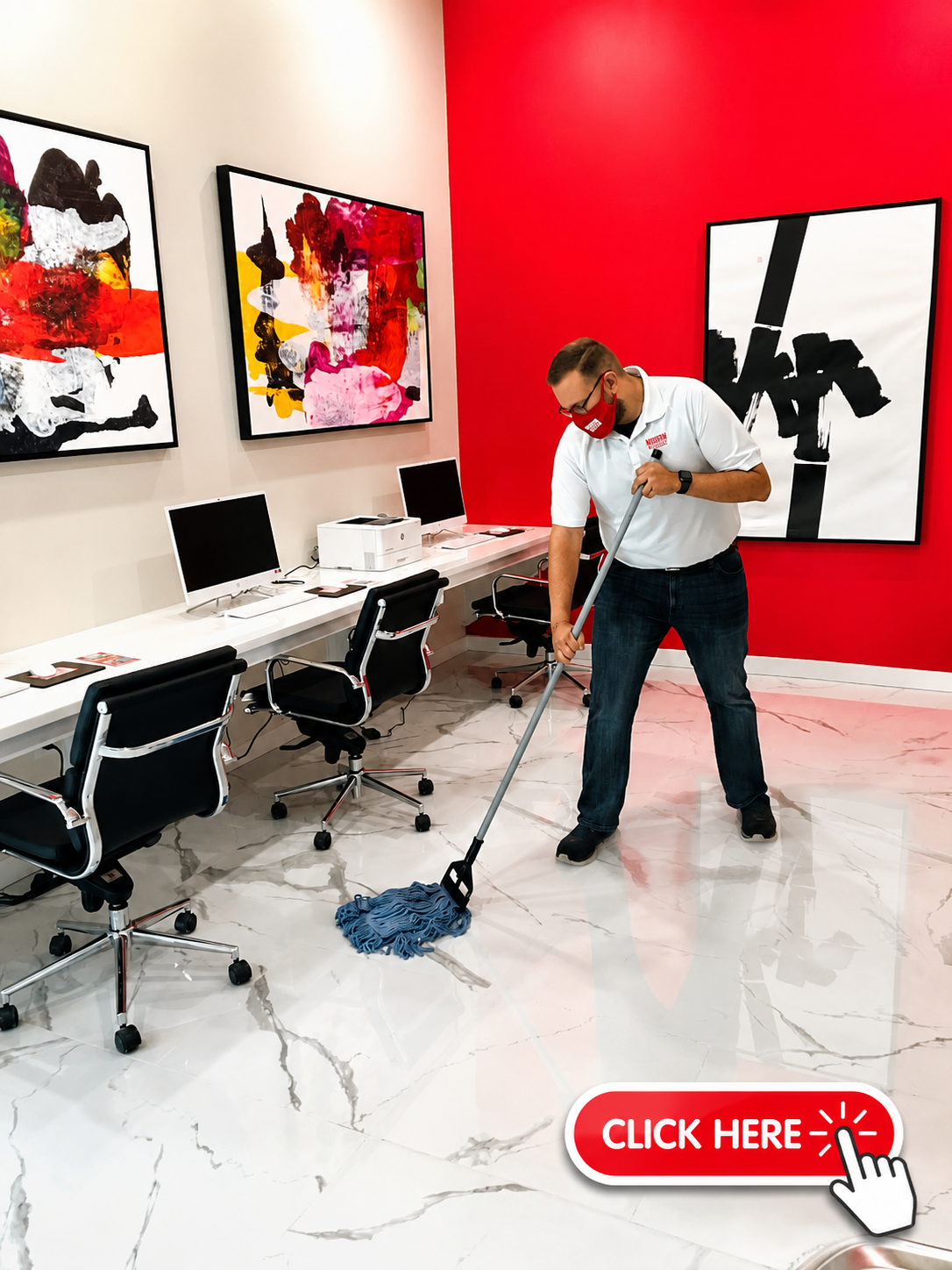 Modern Storage team member mopping the business center to keep the facility clean and ready for customers.