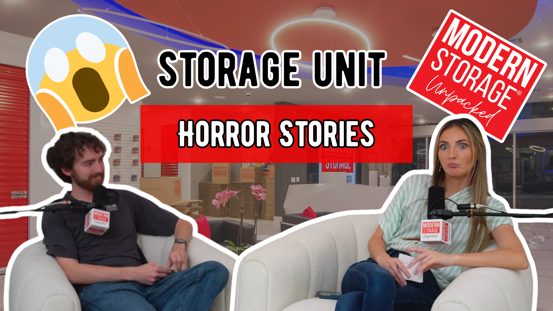 Two podcast hosts laughing in front of a “Storage Unit Horror Stories” title with dramatic red graphics and bizarre props.