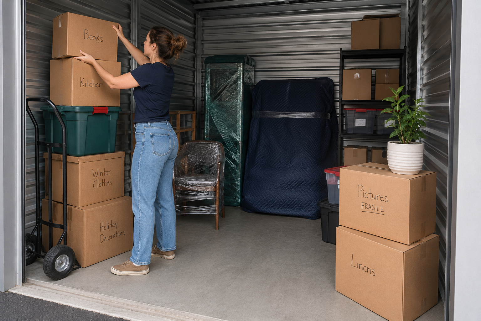 Organized storage unit with labeled boxes, wrapped furniture, and shelving prepared for safe long-term storage.