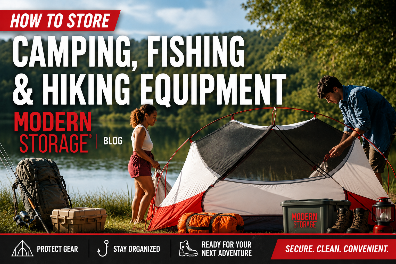 Couple setting up a camping tent by a lake before storing outdoor gear.