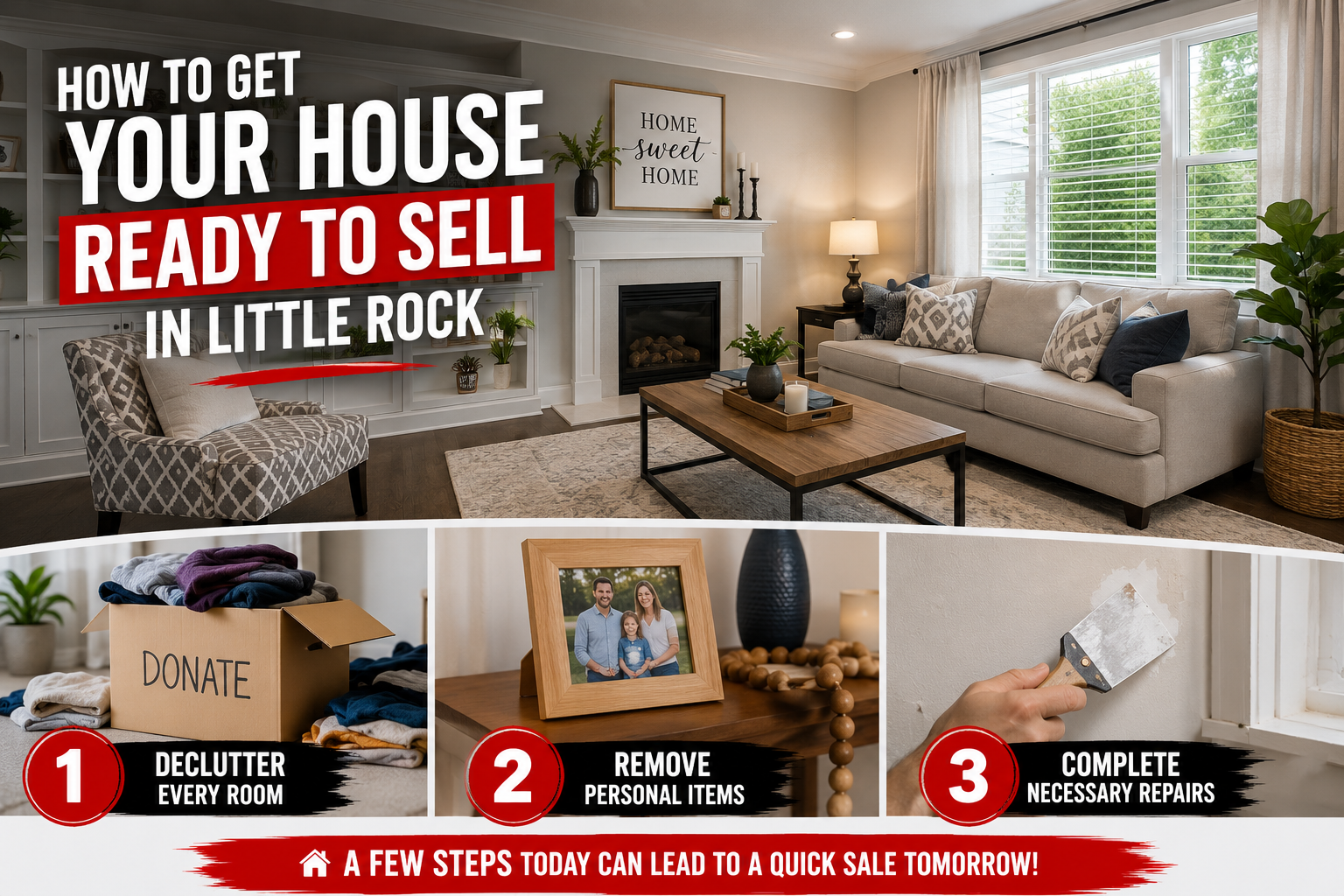 Staged living room with home selling tips highlighting decluttering, repairs, and preparing a house for sale.