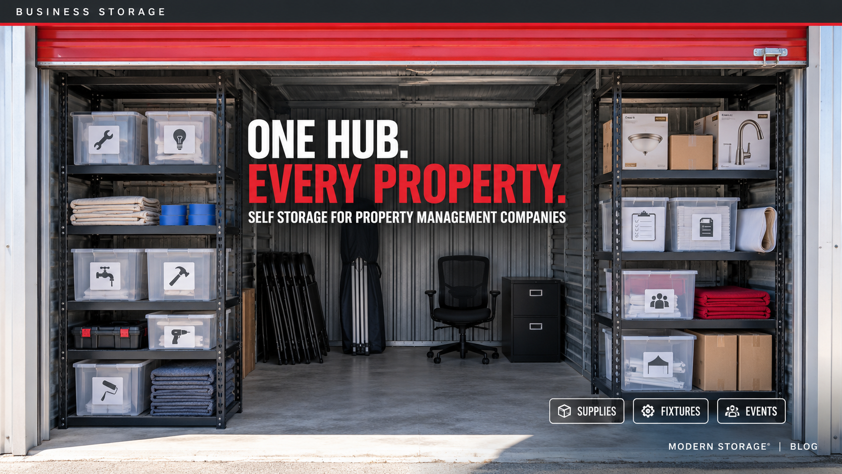 Property management professional organizing maintenance supplies and property materials inside a storage unit