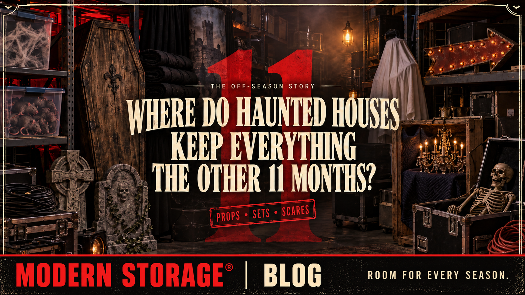 Haunted house props, Halloween decorations, costumes, and spooky décor organized.
