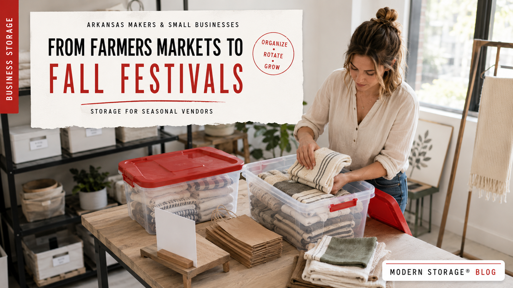Seasonal market vendor organizing display signs, tables, boxes, and event supplies