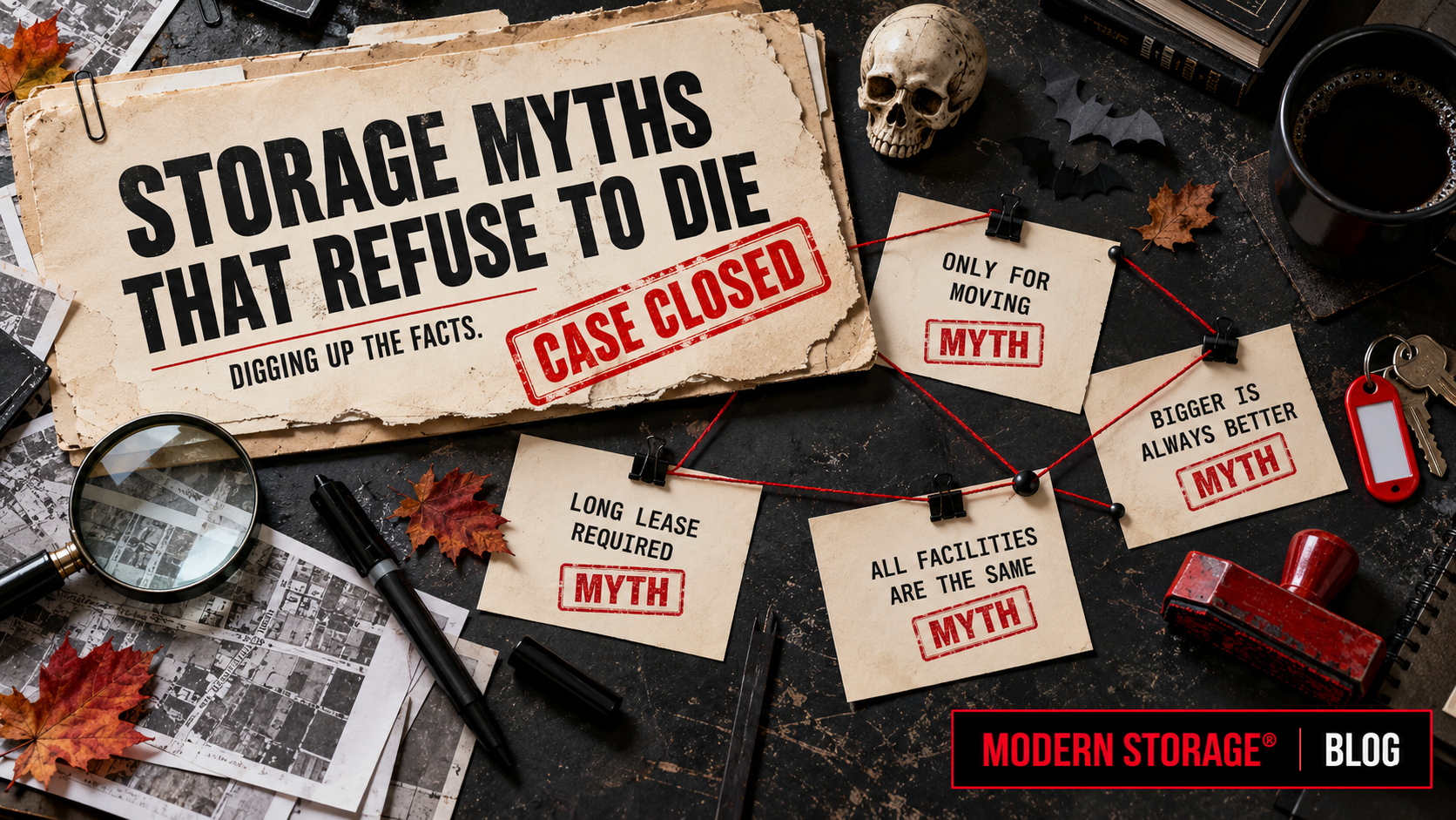 Halloween-inspired self storage scene representing common storage myths coming back from the dead