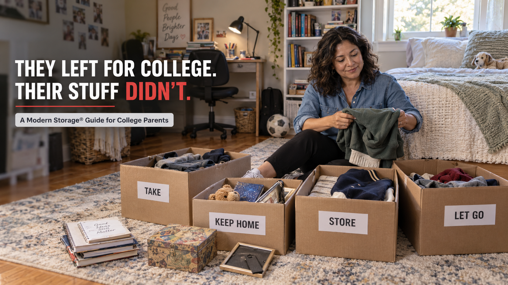 Parent organizing boxes and belongings left at home after a student moves to college
