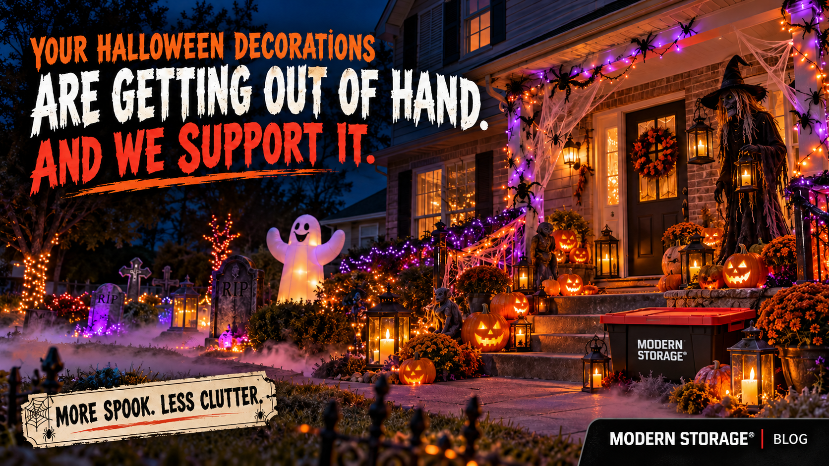 Large collection of Halloween decorations including pumpkins, inflatables, tombstones, lights, and spooky props