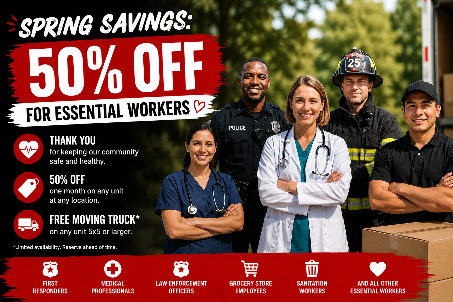 Essential workers standing together during Modern Storage®'s spring savings promotion with 50% off self-storage.