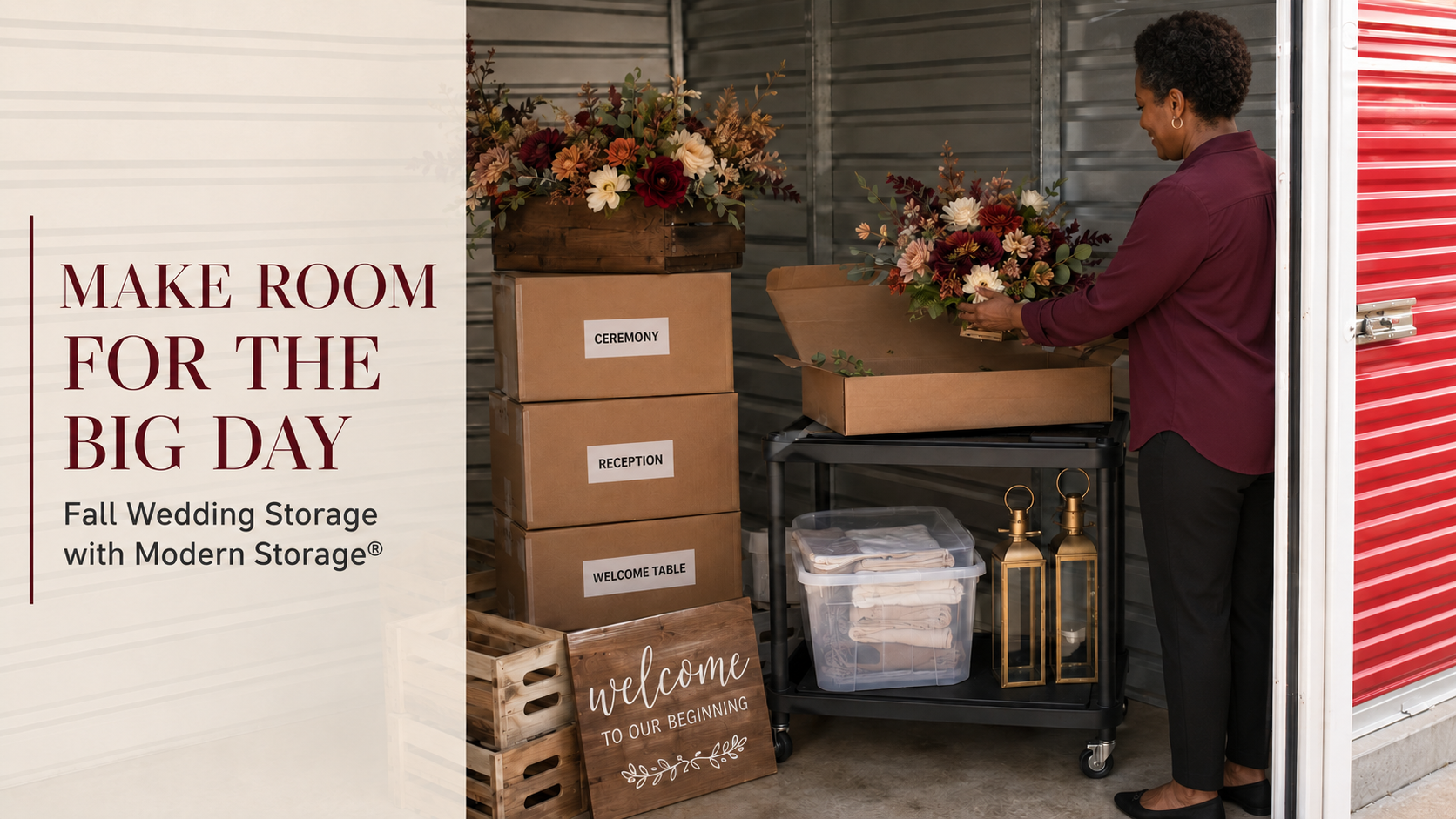 Fall wedding decorations and event supplies organized and ready for the big day