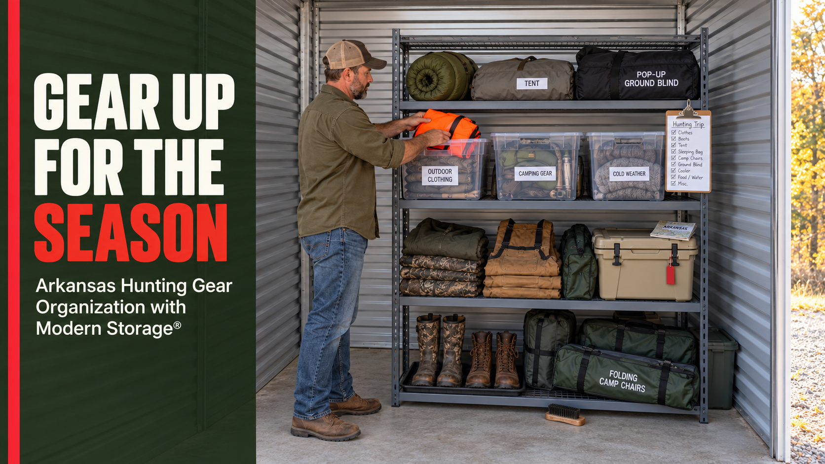 Seasonal outdoor gear including boots, clothing, coolers, totes, and camping equipment organized for fall