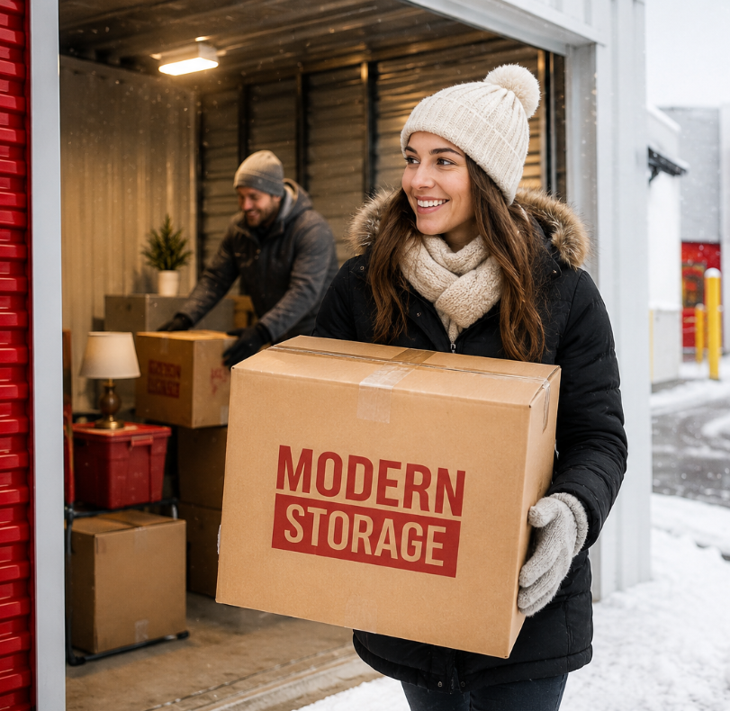 Customer moving boxes into a Modern Storage unit on a snowy winter day while dressed for cold weather.