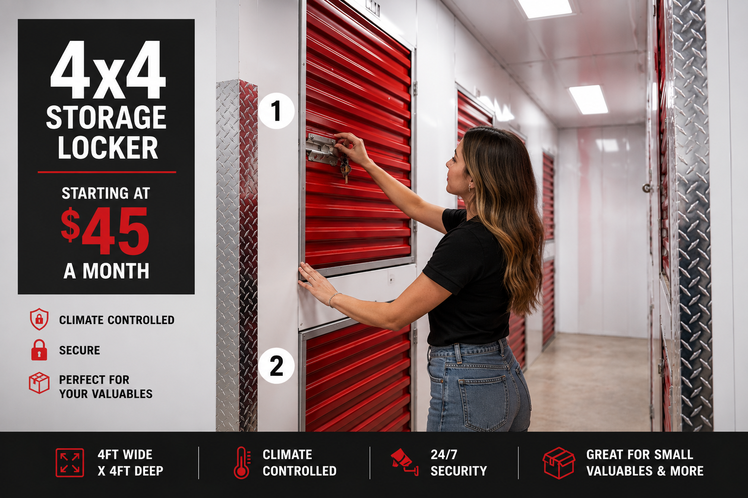 Customer securing a compact 4x4 climate-controlled storage locker inside a clean, modern self-storage facility.
