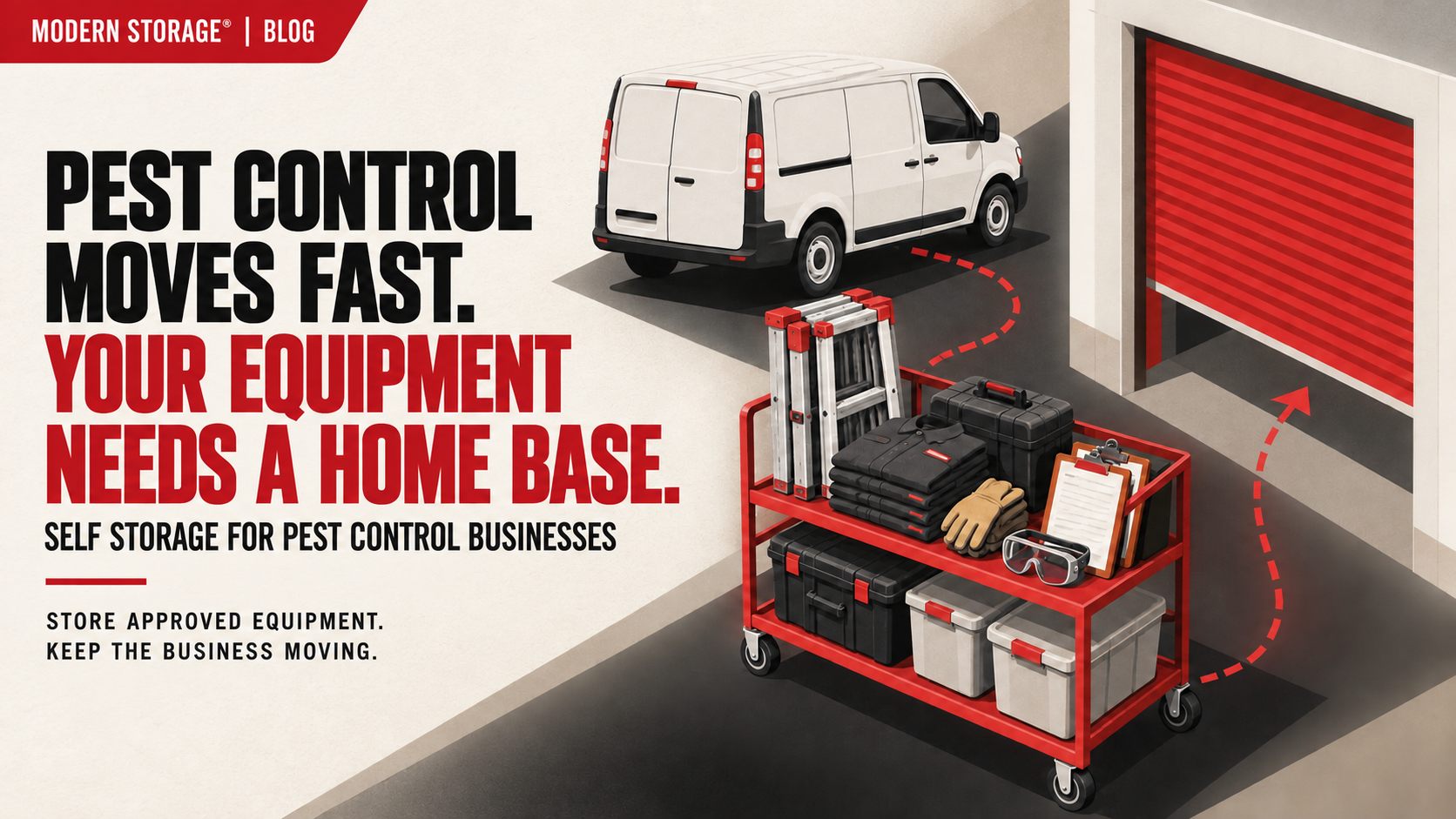 Pest control tools, protective equipment, uniforms, ladders, and business supplies organized inside a storage unit
