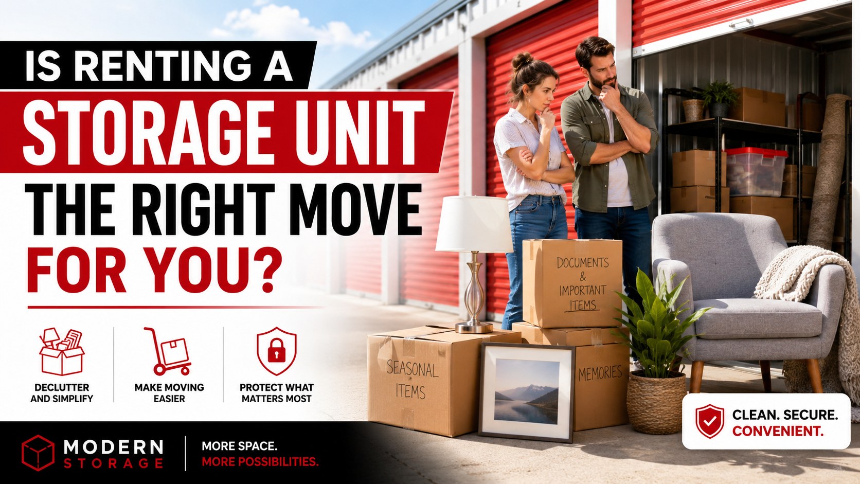 Couple deciding whether to rent a Modern Storage unit while standing beside boxes and furniture