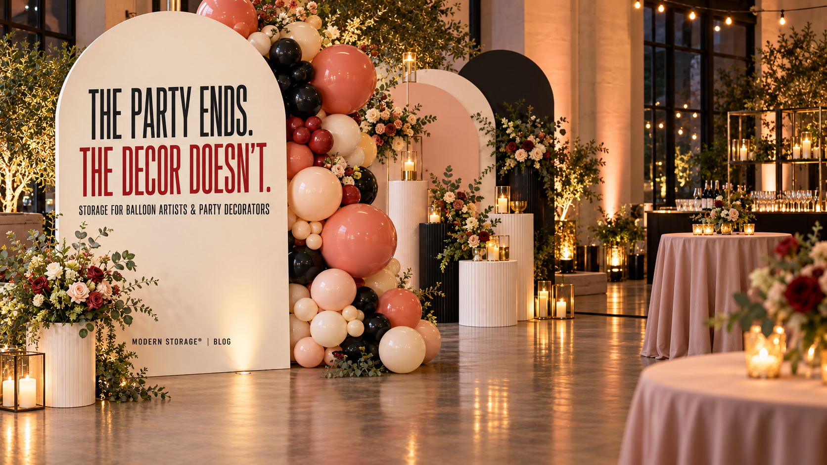 Colorful balloon arch and party decor.