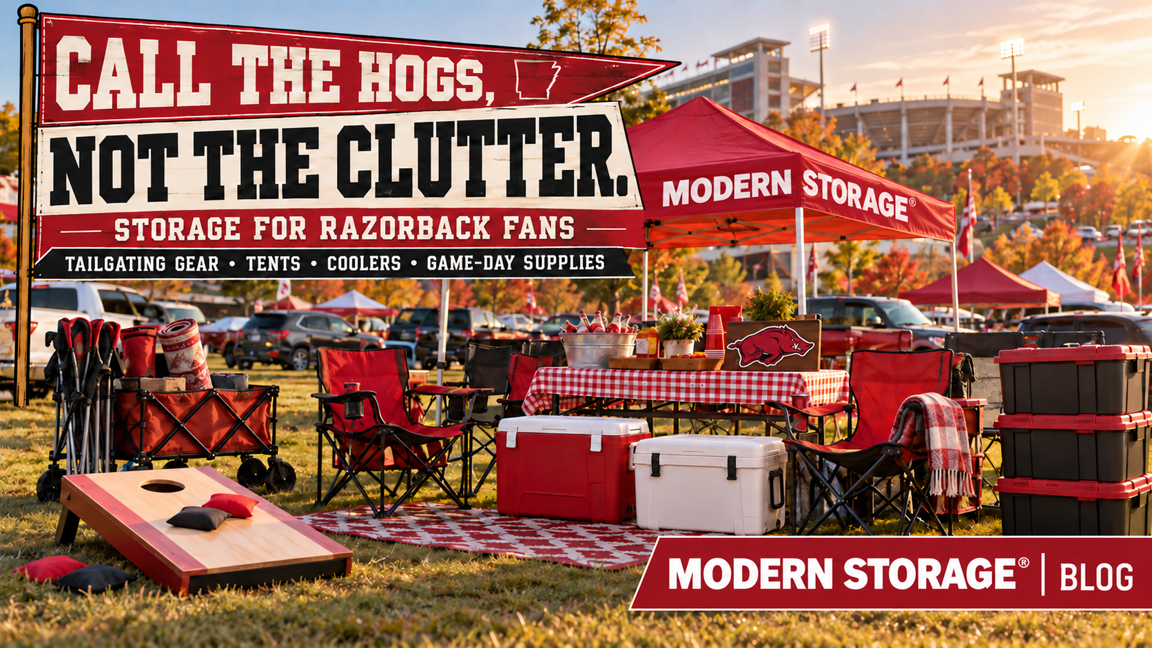 Arkansas football tailgating setup with red tents, coolers, folding chairs, tables, and Razorback game-day supplies
