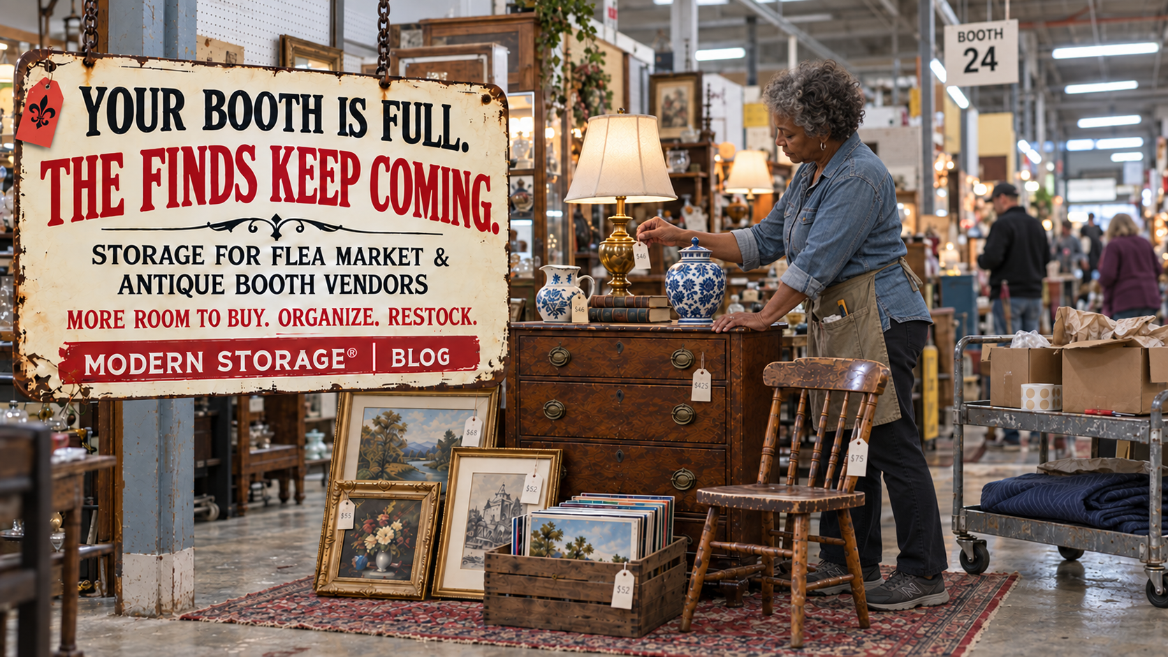 Antique booth and flea market inventory including vintage furniture, décor, signs, lamps, boxes, and display pieces