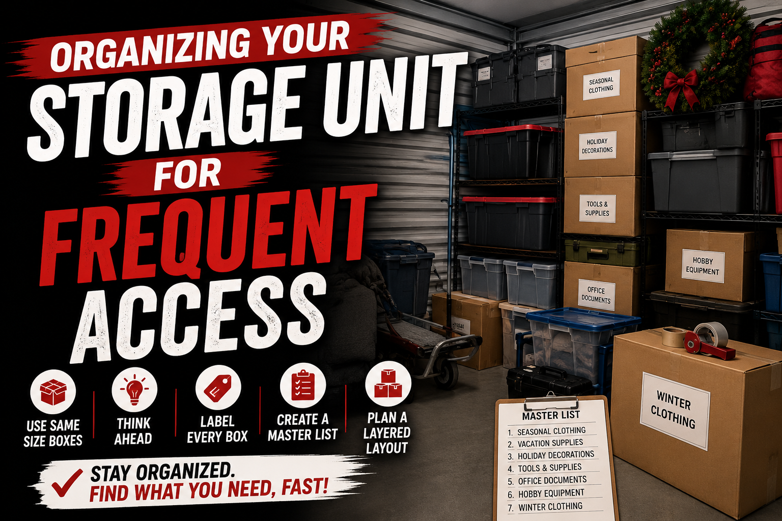 Organized Modern Storage unit with labeled boxes, bins, and easy-access layout