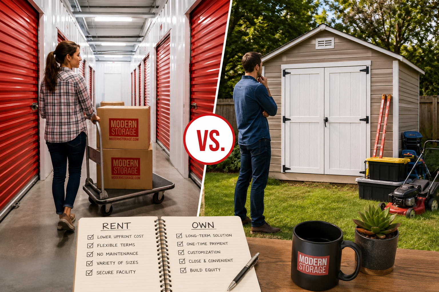 Person comparing a Modern storage unit with a backyard storage shed to decide whether to rent or own storage space.