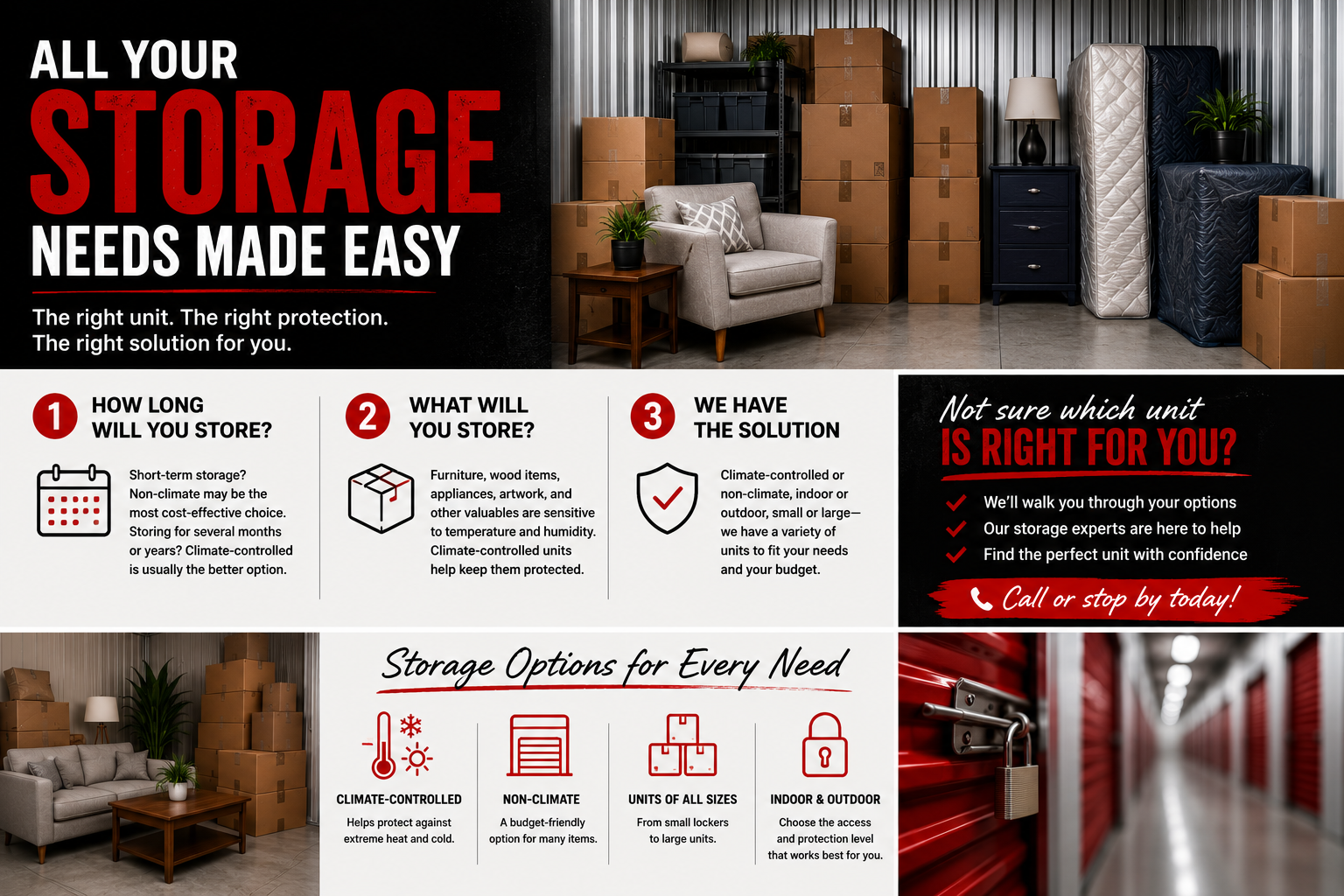 Organized self-storage unit with furniture, boxes, and climate-controlled storage options for every storage need.