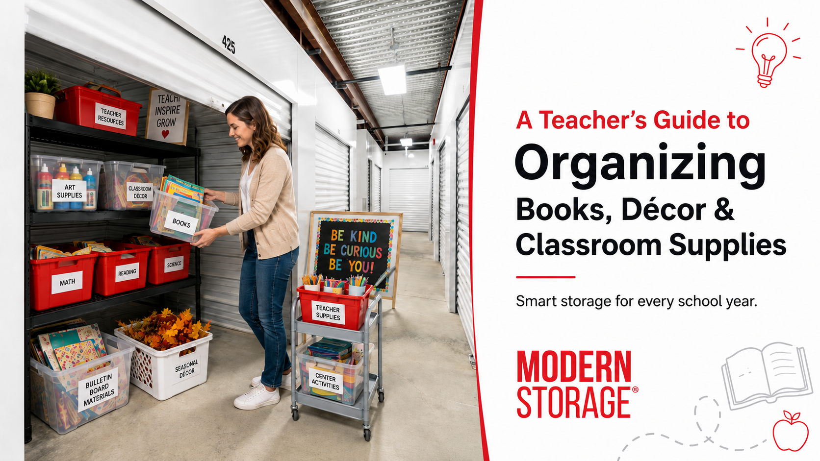 Organized elementary classroom with student desks, bookshelves, learning materials, and colorful decorations