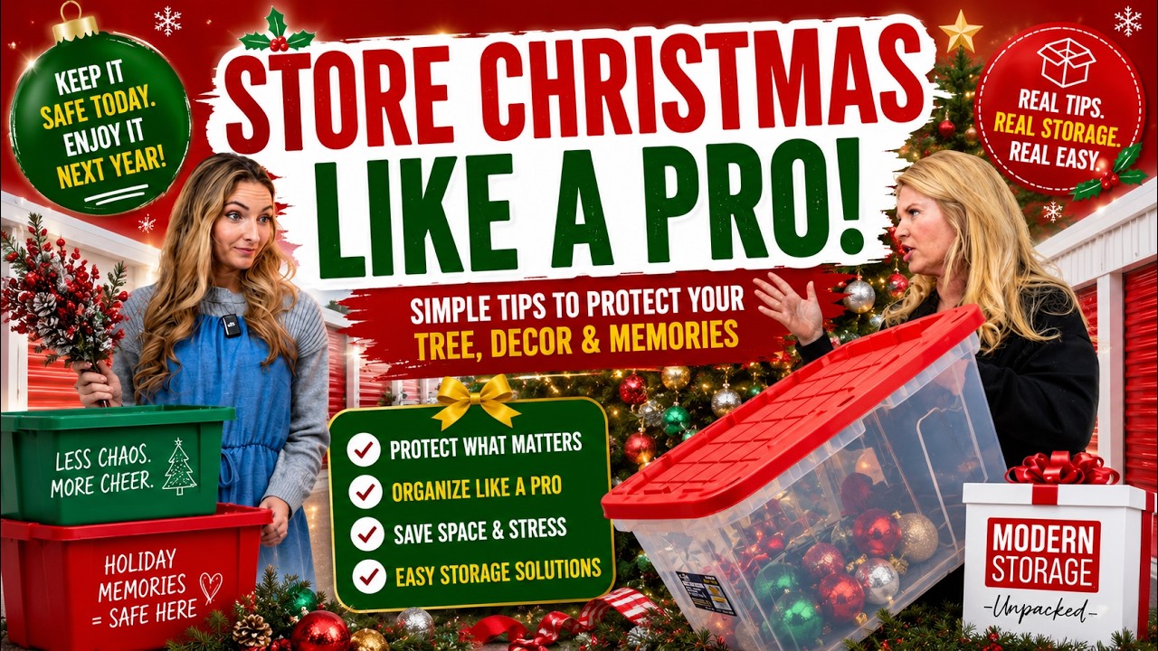 Wrapped Christmas decorations beside a storage unit with tips for organizing and storing holiday decor after the season.