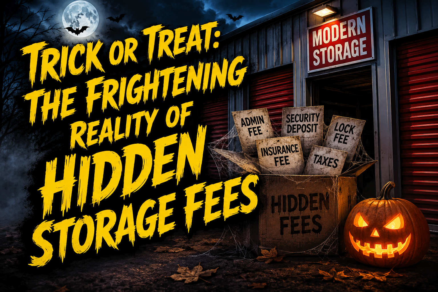 Spooky Modern Storage Halloween scene warning renters about hidden storage fees