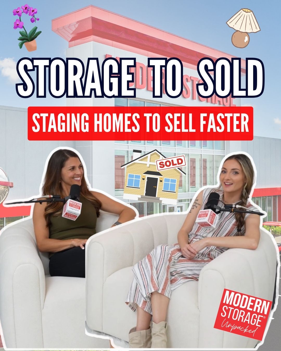 Modern Storage® podcast episode cover showing two women in a storage facility setting discussing how climate-controlled units