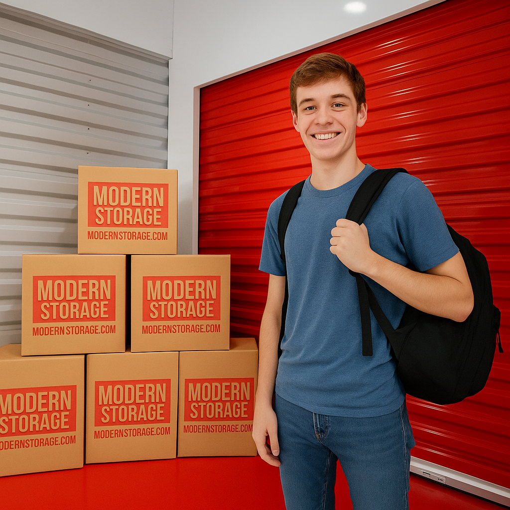 University of Arkansas student holding a backpack and standing beside a stack of Modern Storage® moving boxes at Modern Stora